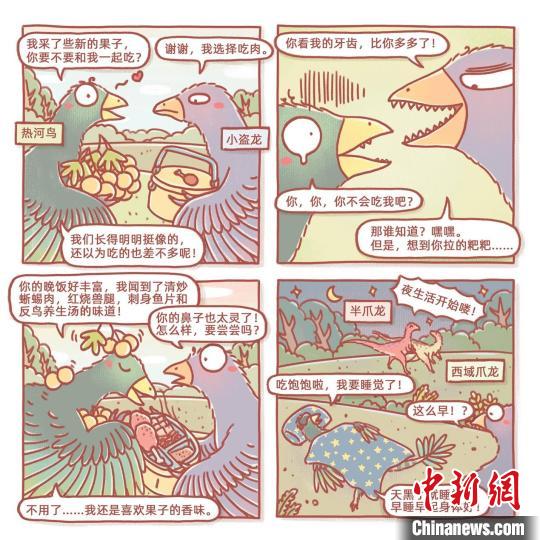 根據(jù)此次熱河鳥(niǎo)研究成果繪制的漫畫(huà)(燁子/繪)。　中科院古脊椎所 供圖