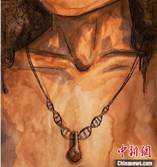 墜飾藝術再現(xiàn)圖，圖中吊墜繩為DNA螺旋樣式(圖片作者Myrthe Lucas)?！∈┢樟指瘛ぷ匀?供圖