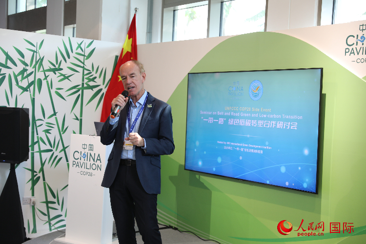 綠色聯(lián)盟聯(lián)合主席、世界自然基金會國際特使蘭博蒂尼在“一帶一路”綠色低碳轉(zhuǎn)型合作研討會上發(fā)言。人民網(wǎng)記者 張志文攝