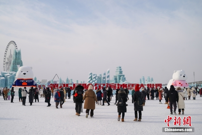 1月4日，第25屆哈爾濱冰雪大世界內(nèi)的冰雕吸引游客觀看。白天的冰雪大世界，游客仿佛置身現(xiàn)實版“冰雪奇緣”。<a target='_blank' href='/'><p  align=