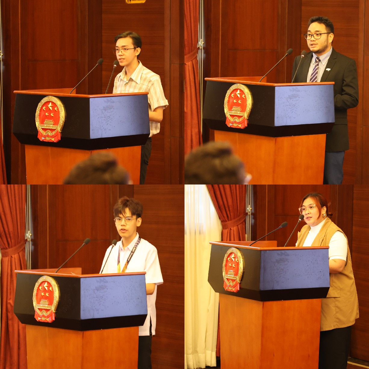 菲律賓大學(xué)、菲律賓師范大學(xué)的4位學(xué)生和校友代表現(xiàn)場發(fā)言向中方表示感謝并分享體會。駐菲律賓使館 供圖