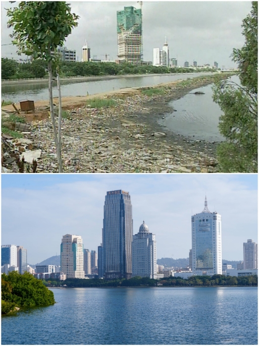 上圖：筼筜湖治理前資料圖。下圖：筼筜湖如今的美麗風(fēng)光。人民網(wǎng)記者 吳超嵐攝