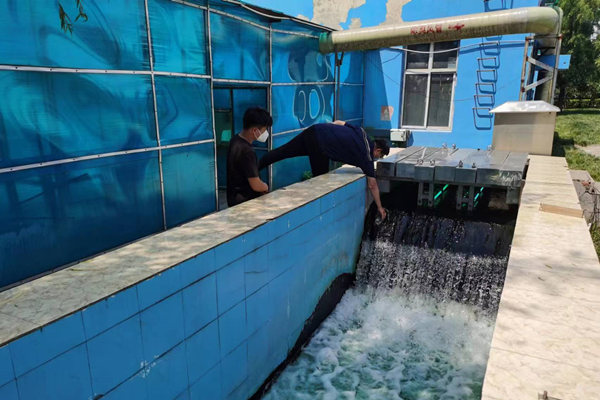 邯鄲市雞澤縣藍(lán)天污水處理廠員工正在出水口進(jìn)行水質(zhì)檢測(cè)。鄭佳欣攝