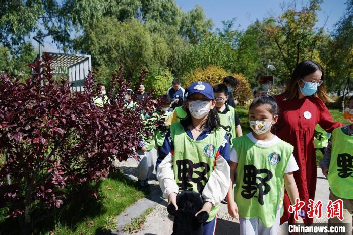 圖為小朋友在青海西寧湟水國家濕地公園內(nèi)認(rèn)識植物?！●R銘言 攝