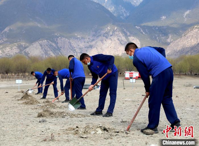 林芝市巴宜區(qū)森林消防中隊志愿服務(wù)隊正在揮鍬鏟土。　西繞拉翁 攝