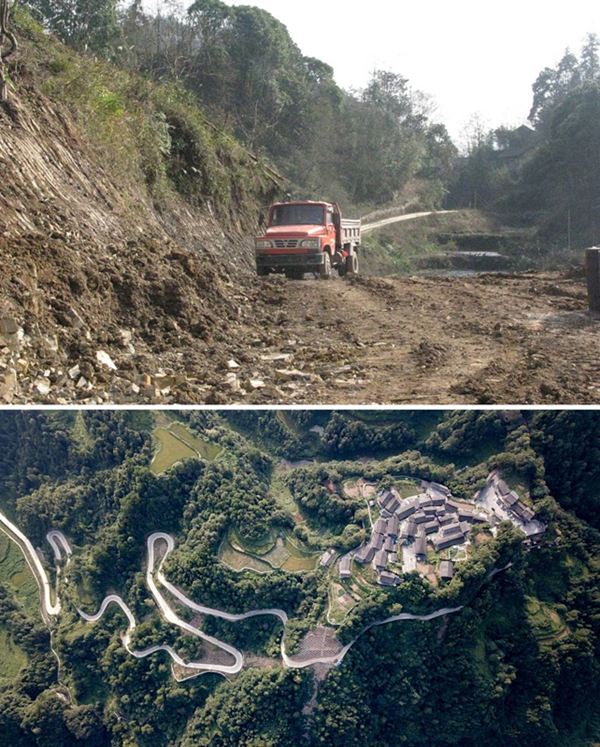 拼版照片：上圖為2011年12月拍攝的湖南省湘西土家族苗族自治州花垣縣十八洞村進村道路；下圖為2019年9月拍攝的十八洞村及進村道路。