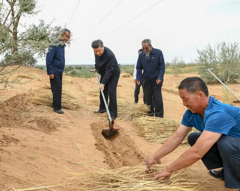 2019年8月21日，習(xí)近平來到甘肅省武威市古浪縣八步沙林場(chǎng)，實(shí)地察看當(dāng)?shù)刂紊吃炝?、生態(tài)保護(hù)等情況。新華社記者 謝環(huán)馳 攝