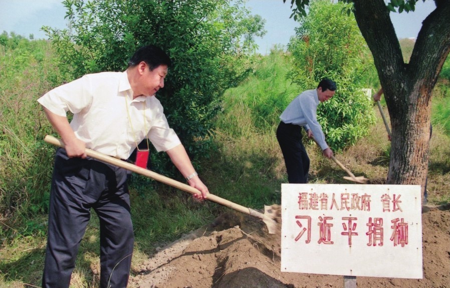 2001年10月，習(xí)近平在龍巖市長(zhǎng)汀縣調(diào)研水土流失治理工作，在河田世紀(jì)生態(tài)園為樹培土。圖源：《習(xí)近平在福建（下）》