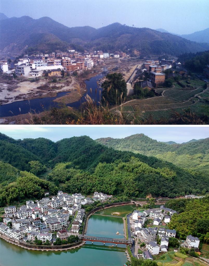 圖為浙江省杭州市淳安縣楓樹嶺鎮(zhèn)下姜村拼版圖，其中上圖為資料照片、下圖由新華社記者張鋮攝。