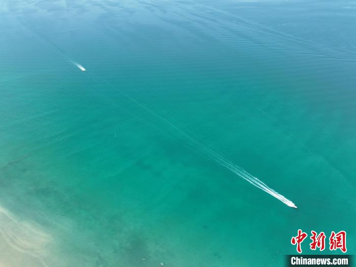 圖為航拍仲夏時節(jié)，青海湖湖水碧波蕩漾?！∑钤鲚?攝