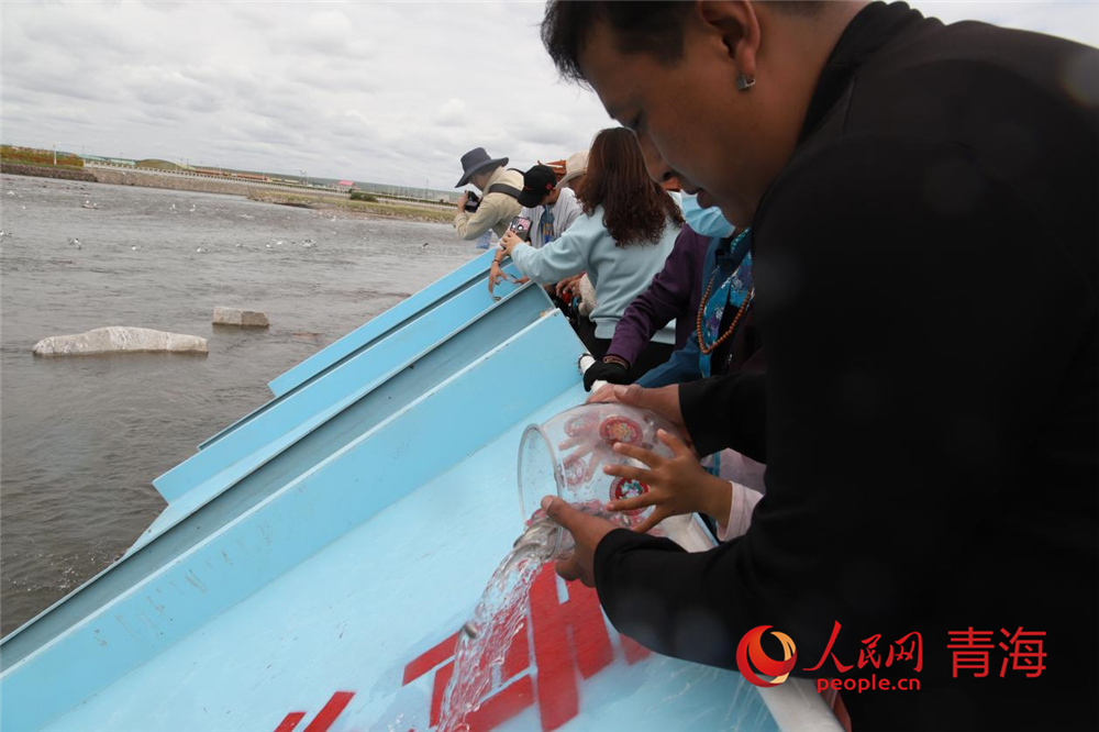 群眾放流青海湖裸鯉。人民網(wǎng) 陳明菊攝