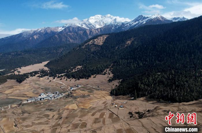 2月17日，西藏林芝魯朗小鎮(zhèn)周邊雪山與牧場。(無人機照片) 李林 攝