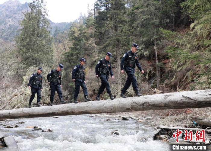 山南邊境管理支隊玉麥邊境派出所民警邊境巡邏途中走過河道上“獨木橋”。　鄭琦山 攝